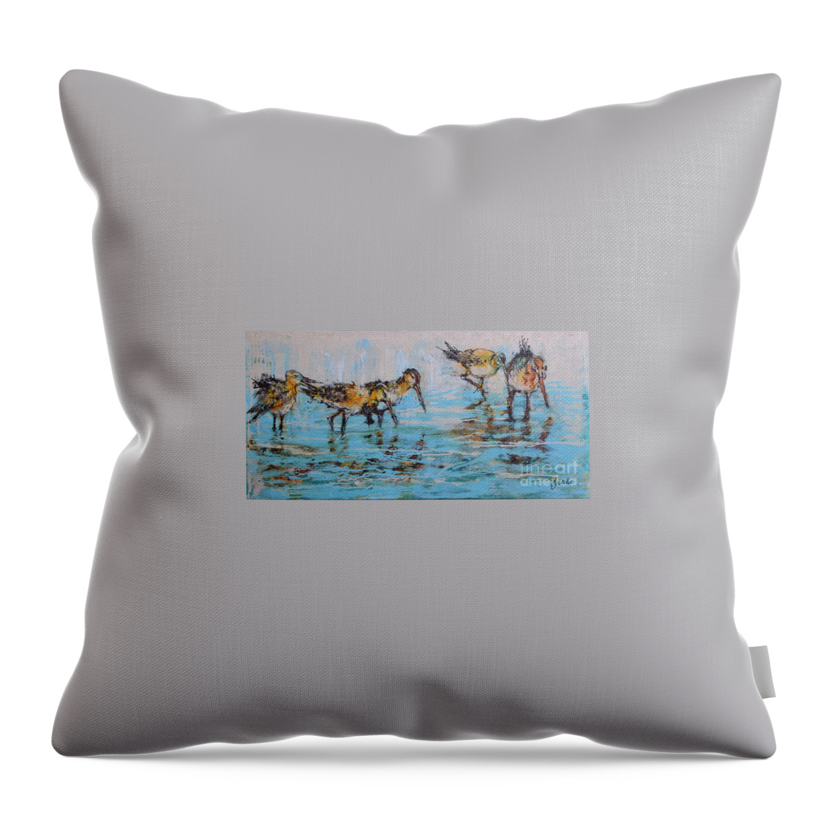  Throw Pillow featuring the painting Black-Tailed Godwits by Jyotika Shroff
