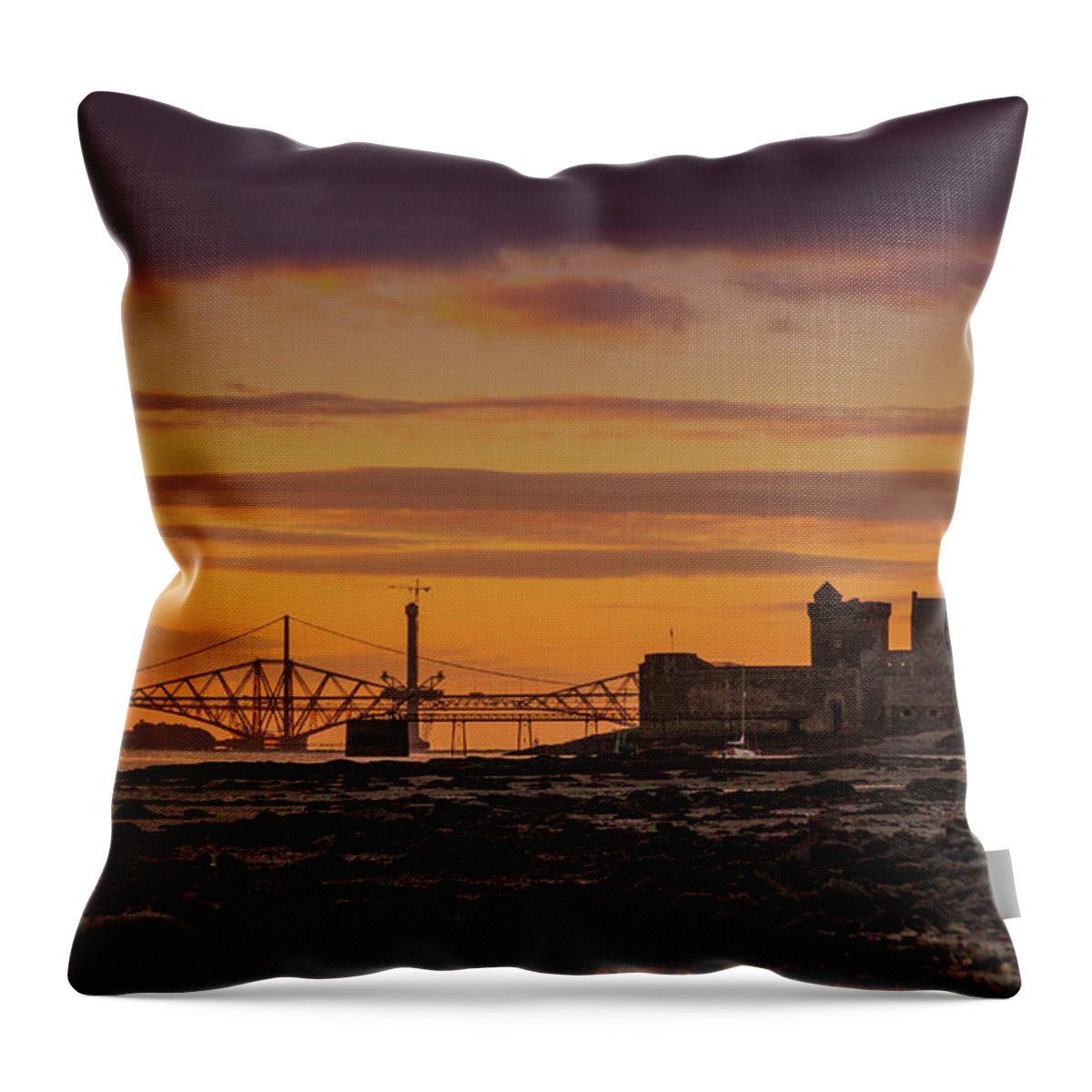 Blackness Castle Throw Pillow featuring the photograph Blackness Castle and the Forth Bridges by Douglas Milne