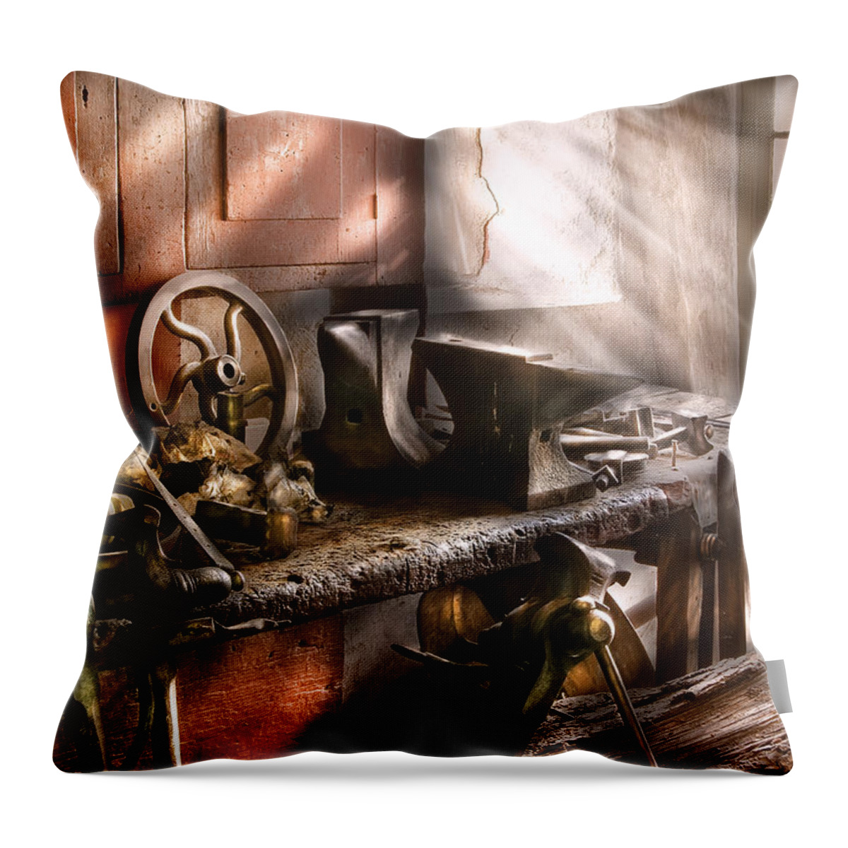 Machinist Throw Pillow featuring the photograph Blacksmith - In my Grandfather's Workshop - Current by Mike Savad