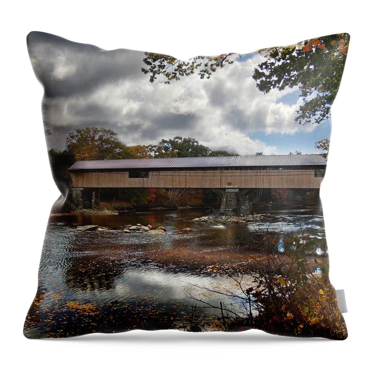 River Throw Pillow featuring the photograph Blair Covered Bridge by Nancy Griswold