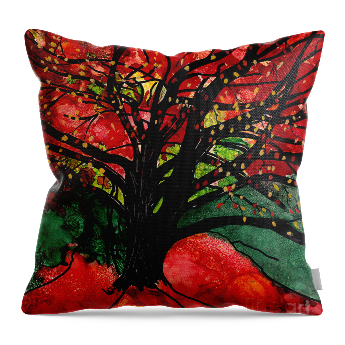 Blazing Autumn Tree Throw Pillow featuring the mixed media Blazing Red Orange Autumn Tree by Conni Schaftenaar
