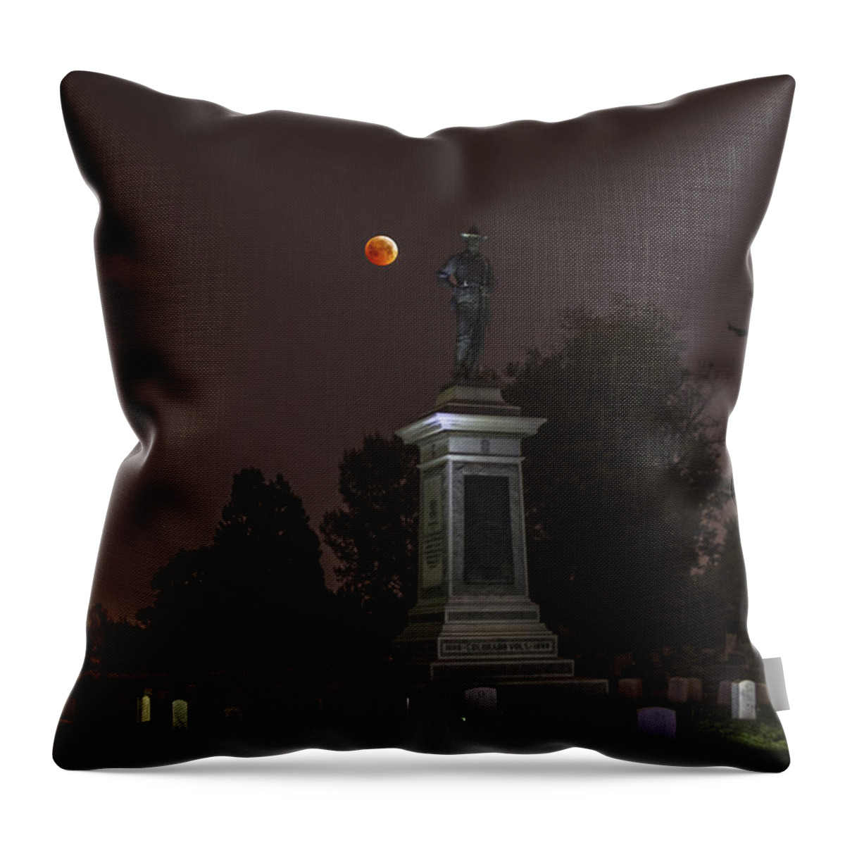 Lunar Eclipse Throw Pillow featuring the photograph Blood Moon at the Colorado Volunteers Memorial by Stephen Johnson