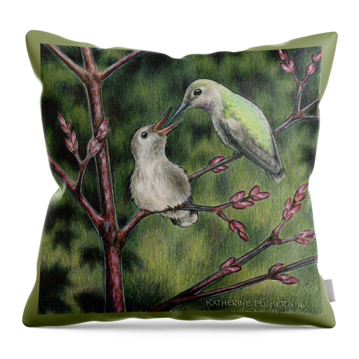 Hummingbird Throw Pillow featuring the drawing Blossoming by Katherine Plumer