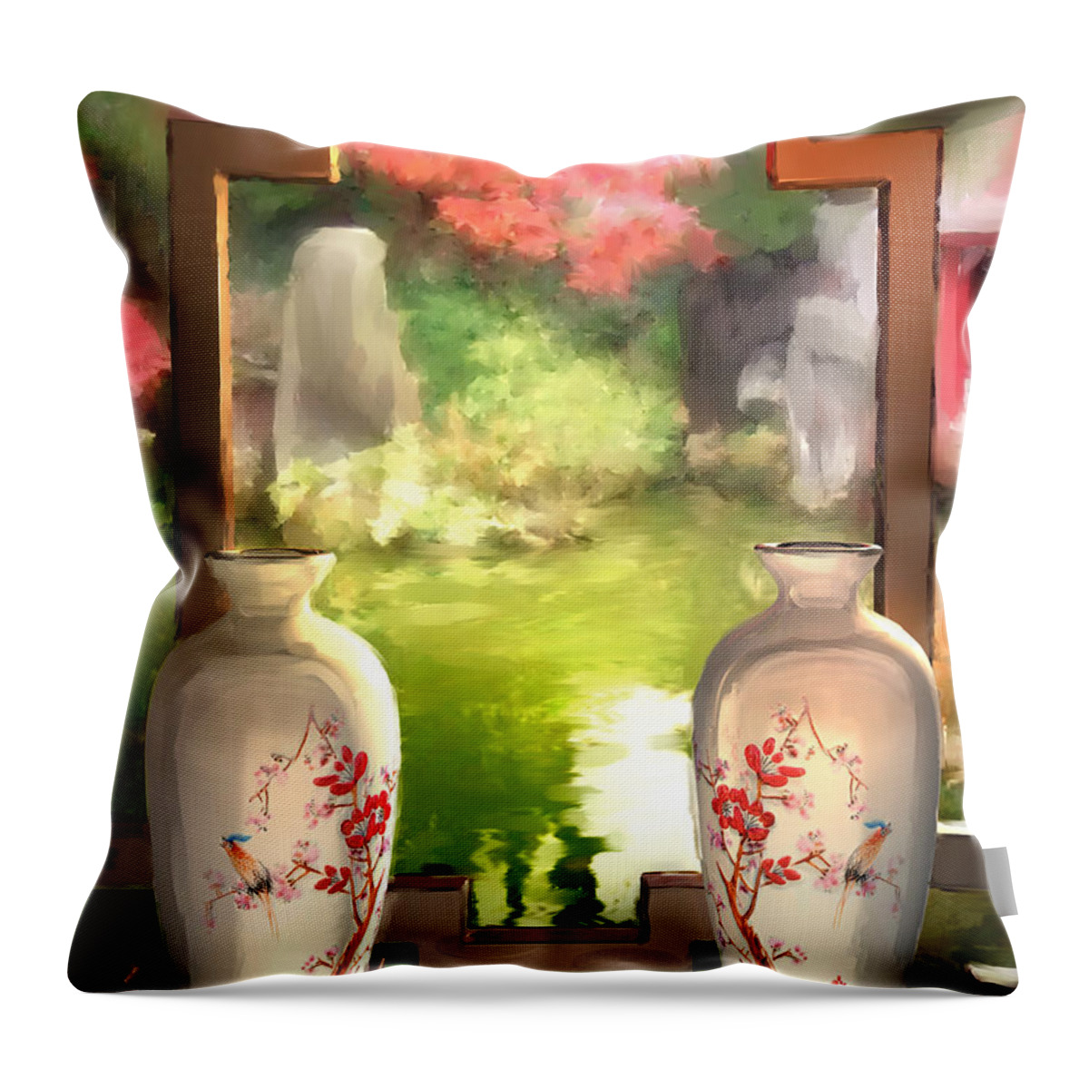 Chinese Throw Pillow featuring the painting Blossoms and Vases by Joel Payne