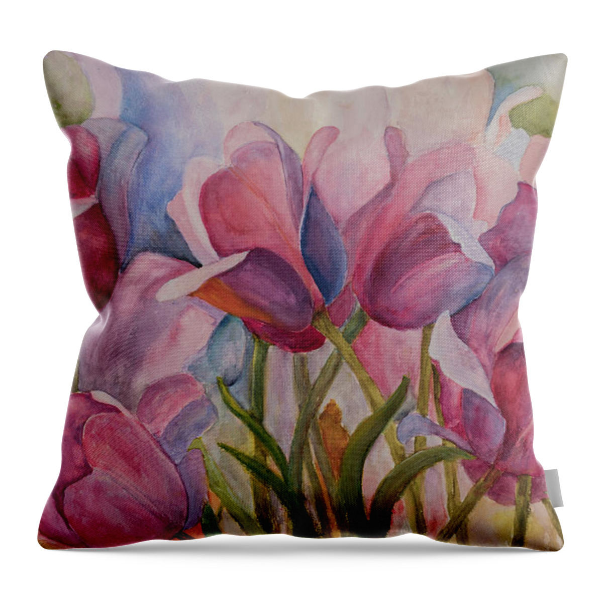 Floral Throw Pillow featuring the painting Blue and Pink Tulips by Nadine Button