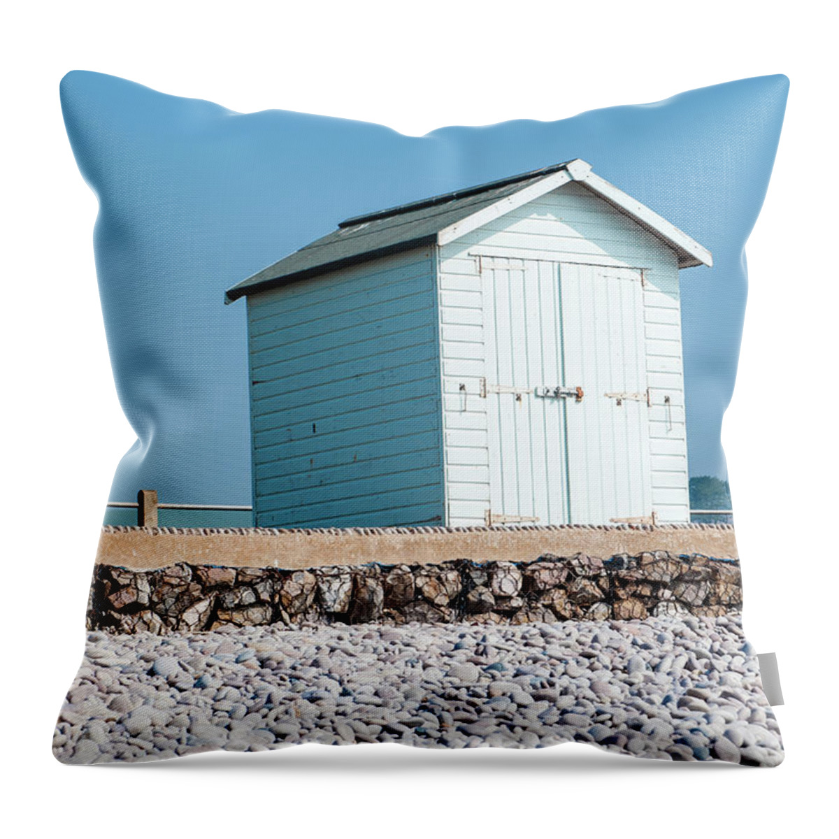 Beach Throw Pillow featuring the photograph Blue Beach Hut by Helen Jackson