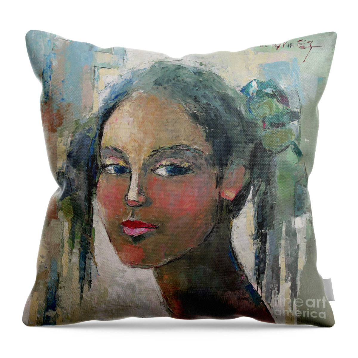 Oil Throw Pillow featuring the painting Blue Eyes by Becky Kim