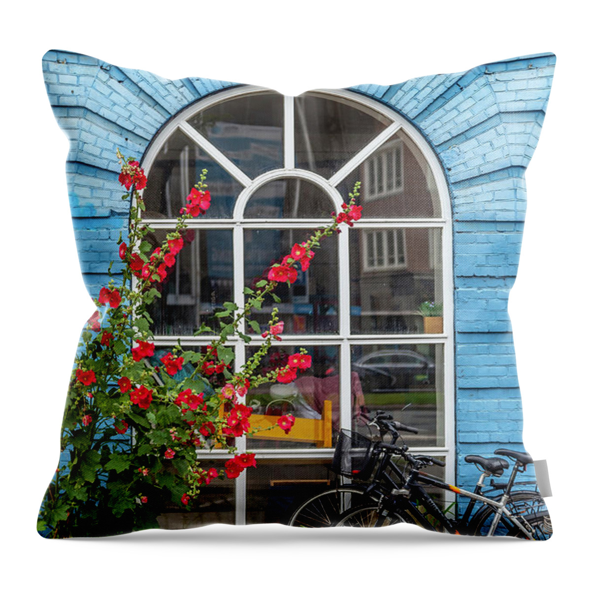 Copenhagen Throw Pillow featuring the photograph Blue Brick Wall with Bicycles by W Chris Fooshee