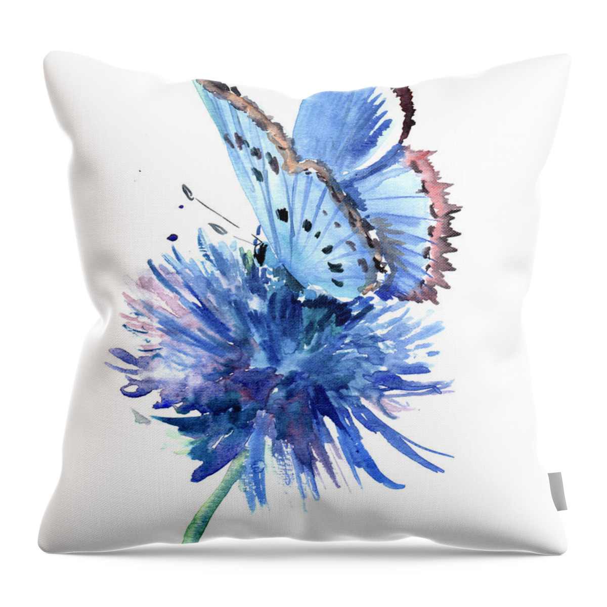 Butterfly Throw Pillow featuring the painting Blue Butterfly and Blue Flower by Suren Nersisyan