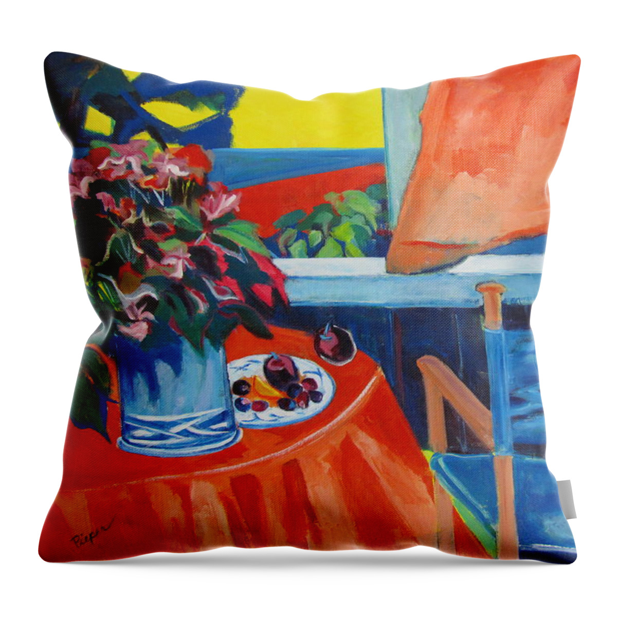 Blue Canvas Chair Throw Pillow featuring the painting Blue Canvas Chair by Betty Pieper