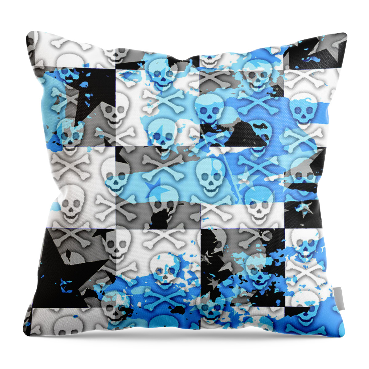 Skull Throw Pillow featuring the digital art Blue Checker Skull Splatter by Roseanne Jones