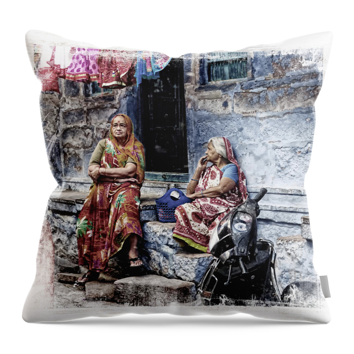 Shop Throw Pillow featuring the photograph Blue City House Hanging Out India Rajasthan 1c by Sue Jacobi
