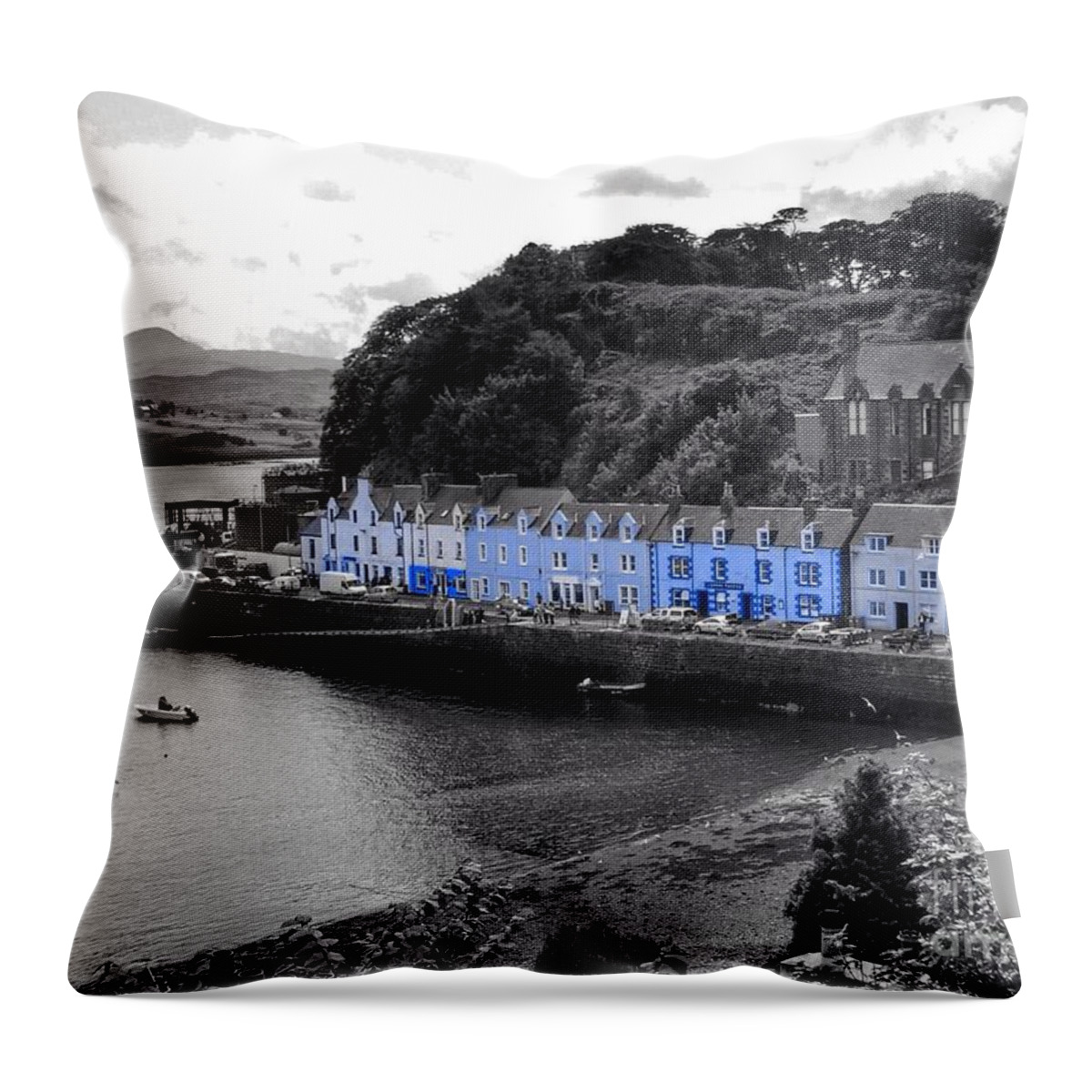 Portree Throw Pillow featuring the photograph Blue Cottages at Portree Harbour 5 by Joan-Violet Stretch
