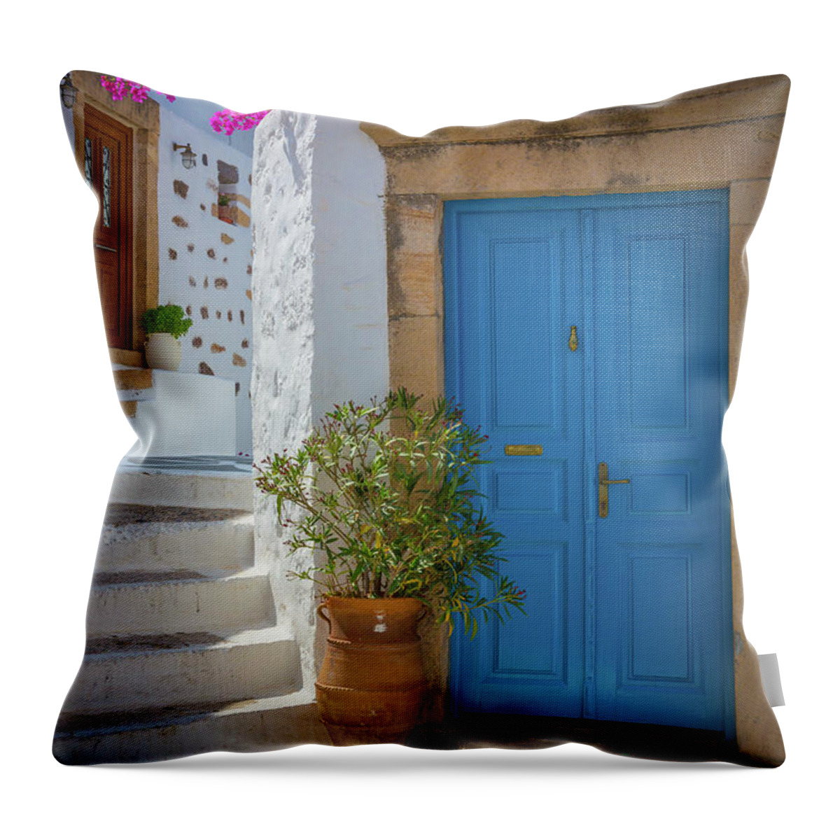 Aegean Sea Throw Pillow featuring the photograph Blue Door and Stairs by Inge Johnsson