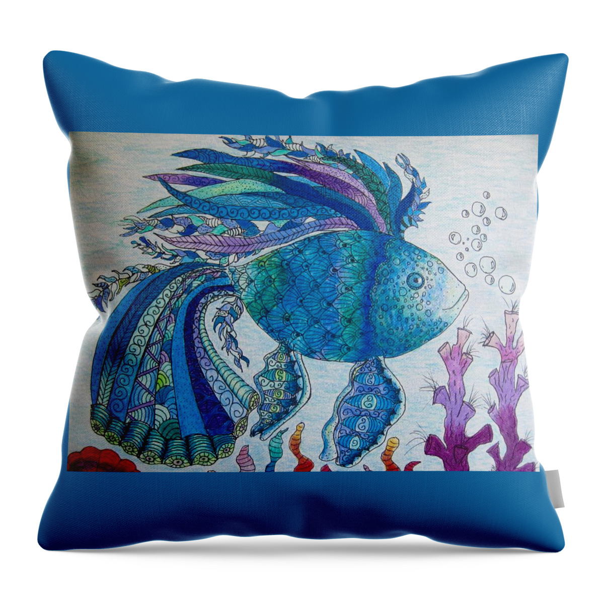 Fish Throw Pillow featuring the drawing Blue fish by Megan Walsh