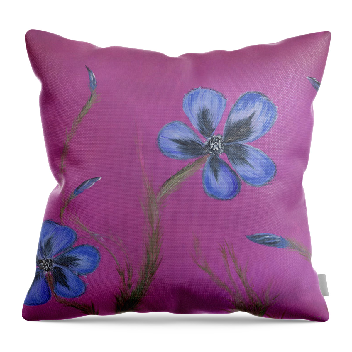 Fine Art Throw Pillow featuring the painting Blue Flower Magenta Background by Stephen Daddona