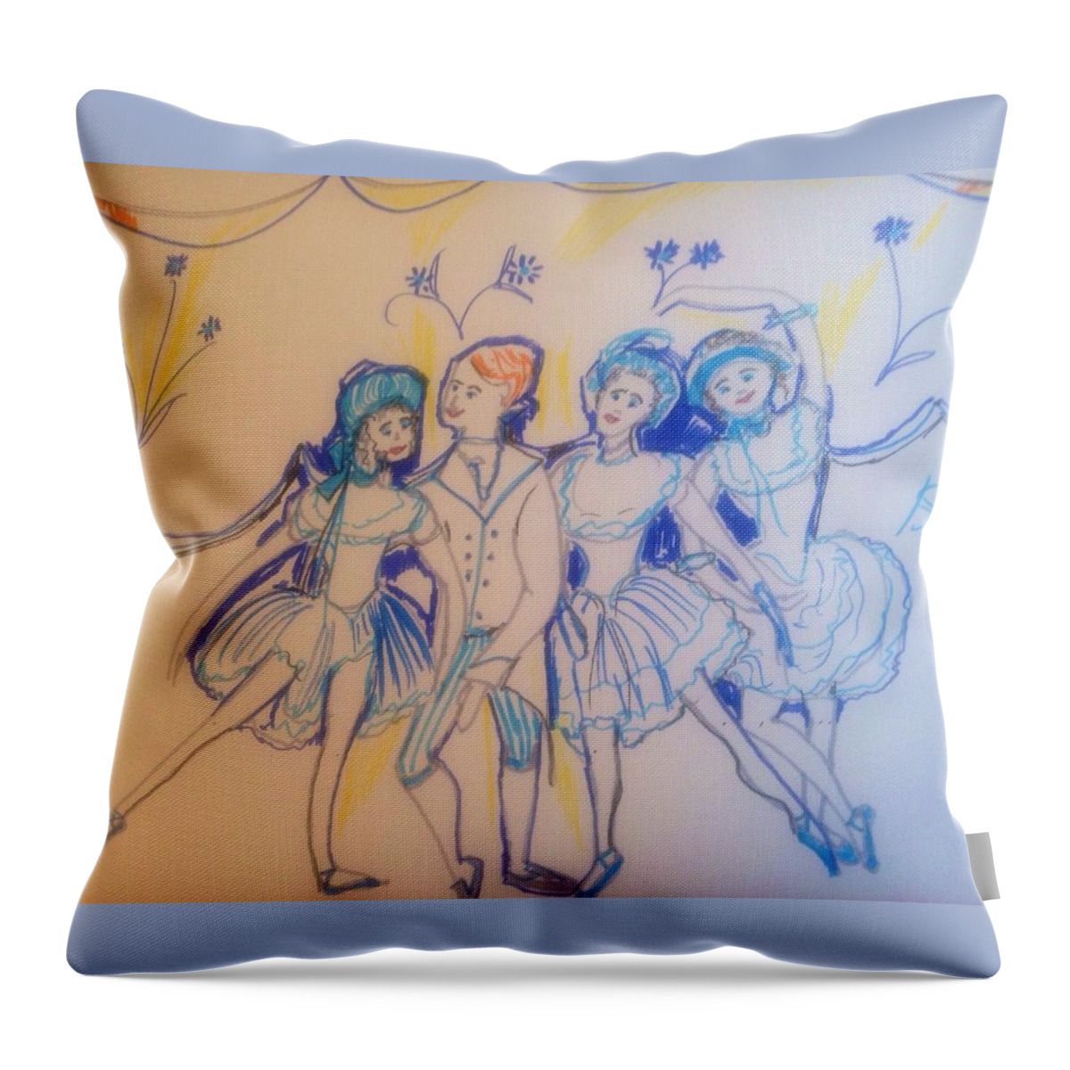 Polka Throw Pillow featuring the drawing Blue flower polka by Judith Desrosiers