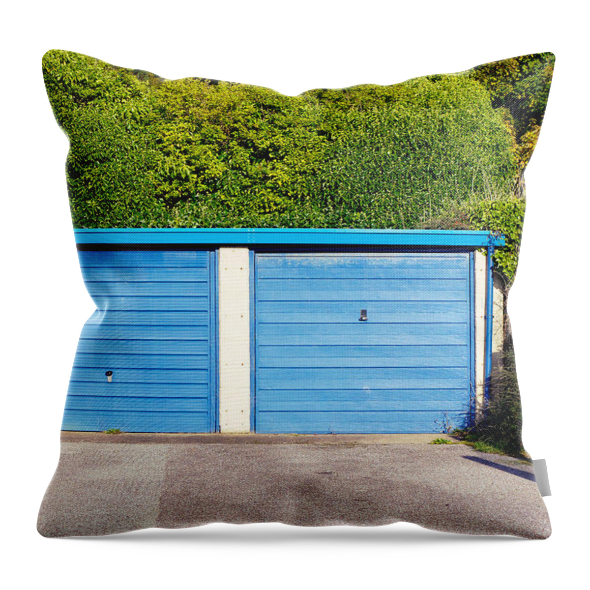 Attached Throw Pillow featuring the photograph Blue garage doors by Tom Gowanlock
