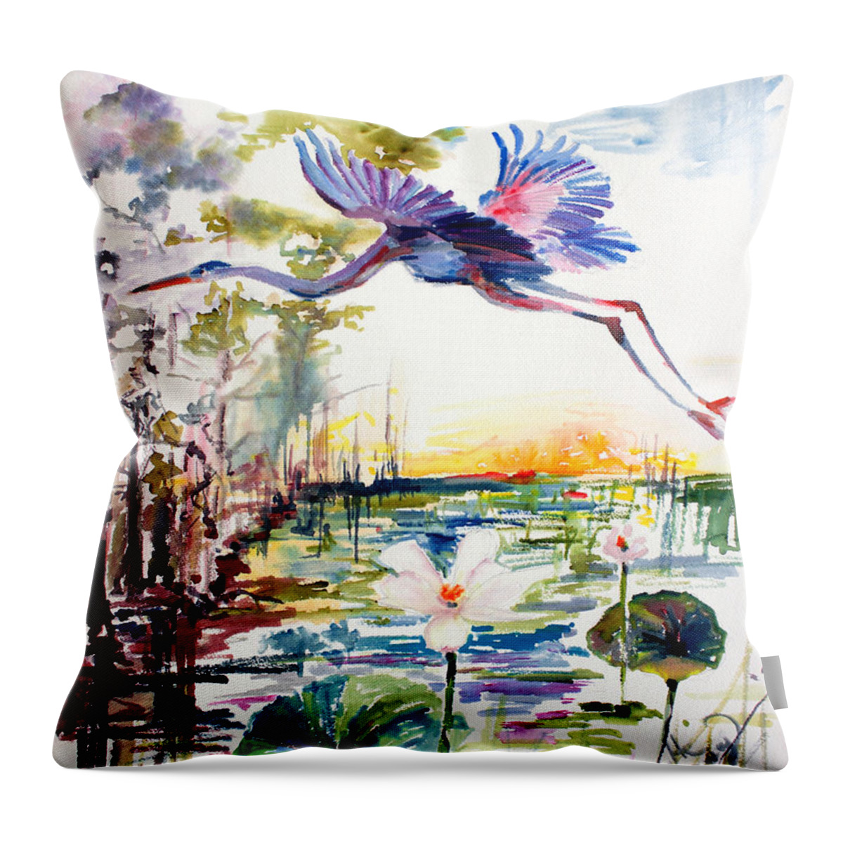 Blue Heron Throw Pillow featuring the painting Blue Heron Glides over Lotus Flowers by Ginette Callaway
