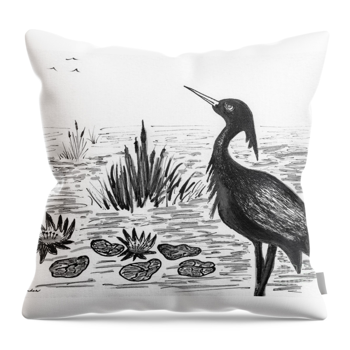 Blue Heron Throw Pillow featuring the drawing Crowned Night Heron Lily Pond Paradise in Ink D1 by Ricardos Creations