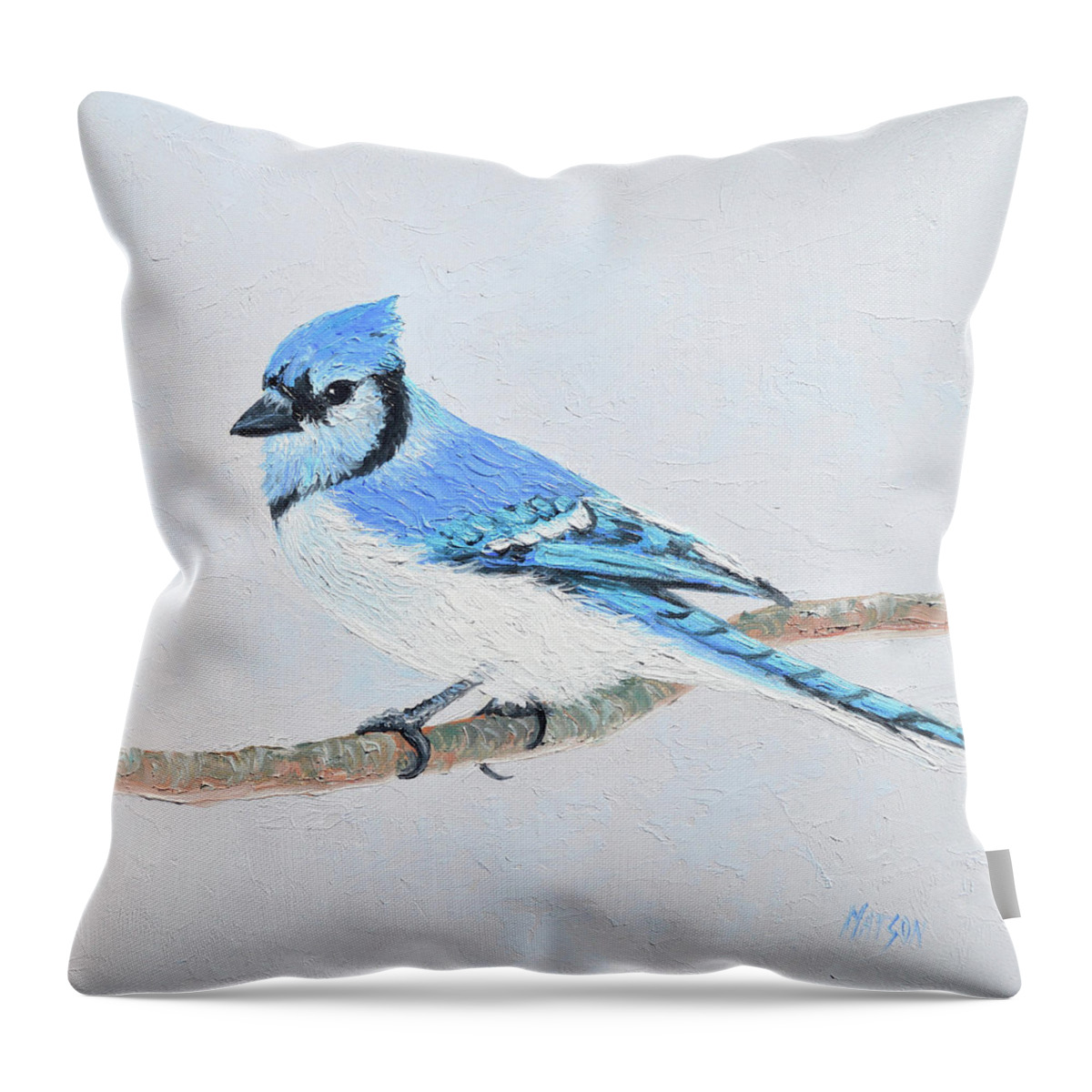 Blue Jay Throw Pillow featuring the painting Blue Jay by Jan Matson