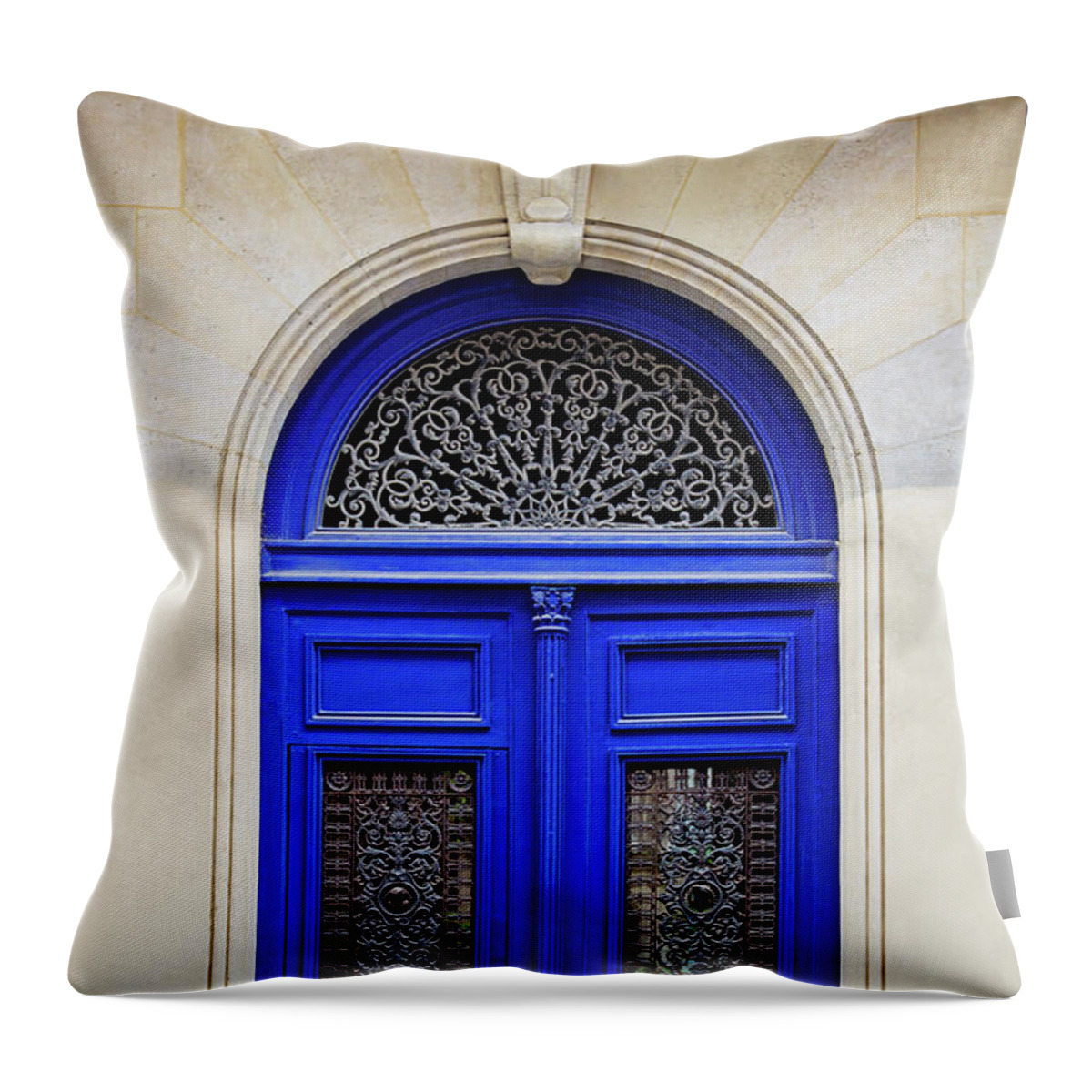 Blue Doors Throw Pillow featuring the photograph Blue Lace Door - Paris, France by Melanie Alexandra Price
