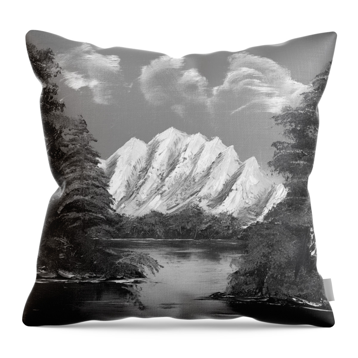 Black And White Throw Pillow featuring the painting Blue Lake Mirror Reflection In Black And White by Claude Beaulac