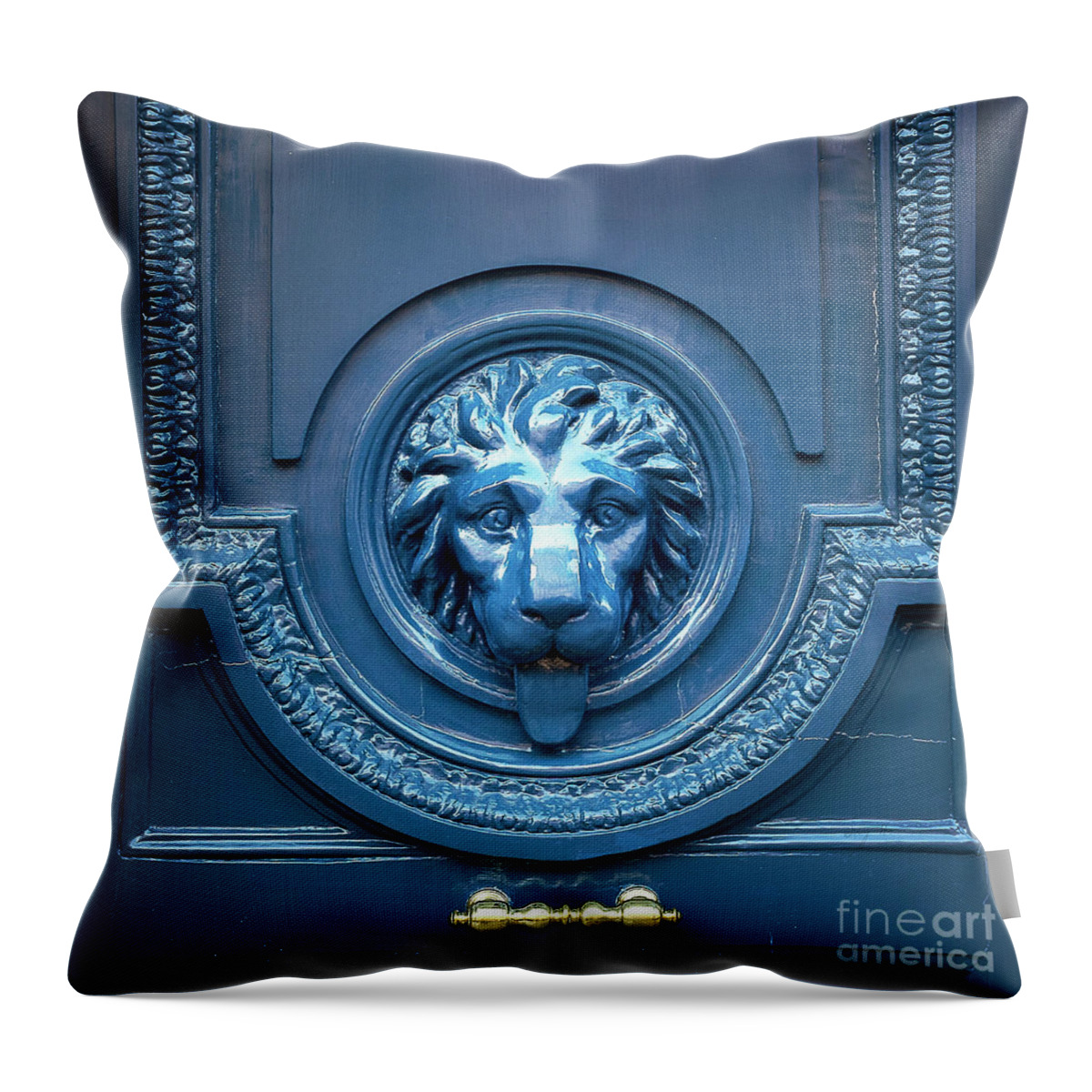 Photography; Ivy Ho; Angsanaseeds; Photograph; Travel; Europe; European; France; Continental; Paris; Wanderlust; City Of Lights; Cityscape; Architecture; Design; French; Door; Wood; Blue; Royal Blue; Copper; Ornate; Carving; Lion's Head; Lion's Mane; Square Photo Throw Pillow featuring the photograph Blue lion head door by Ivy Ho