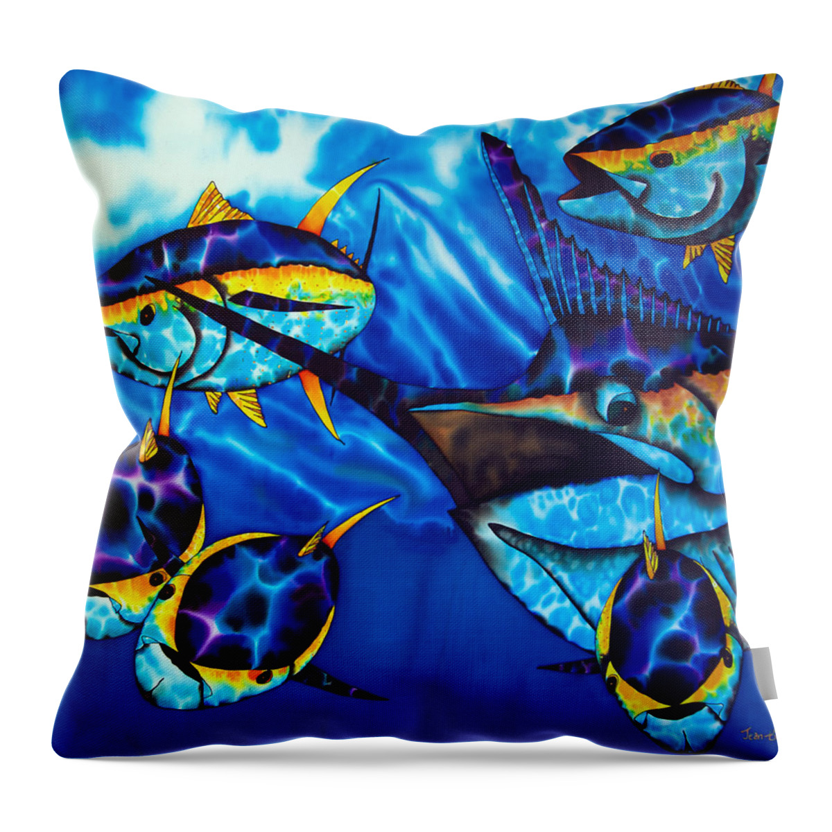  Yellowfin Tuna Throw Pillow featuring the photograph Blue Marlin and Yellowfin Tuna by Daniel Jean-Baptiste