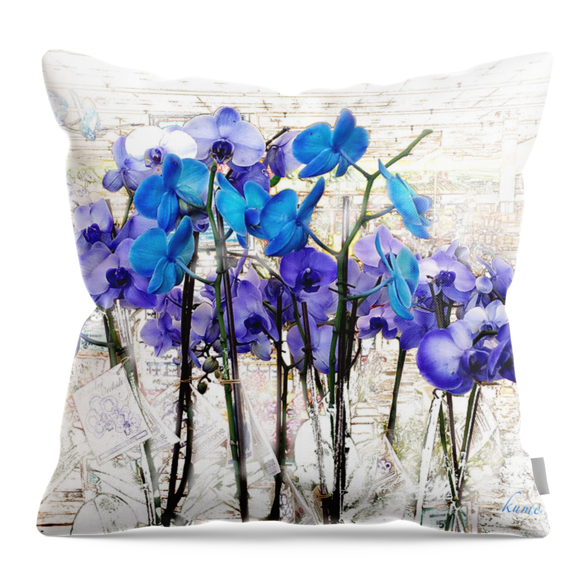 Blue Orchids Throw Pillow featuring the mixed media Blue Orchids 3 by Kume Bryant