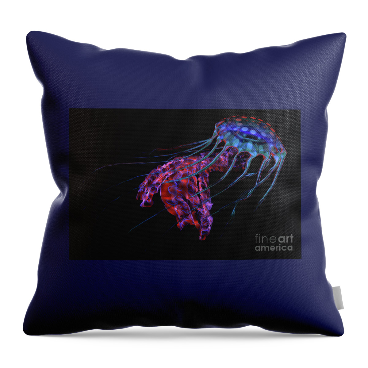 Jellyfish Throw Pillow featuring the digital art Blue Red Jellyfish on Black by Corey Ford