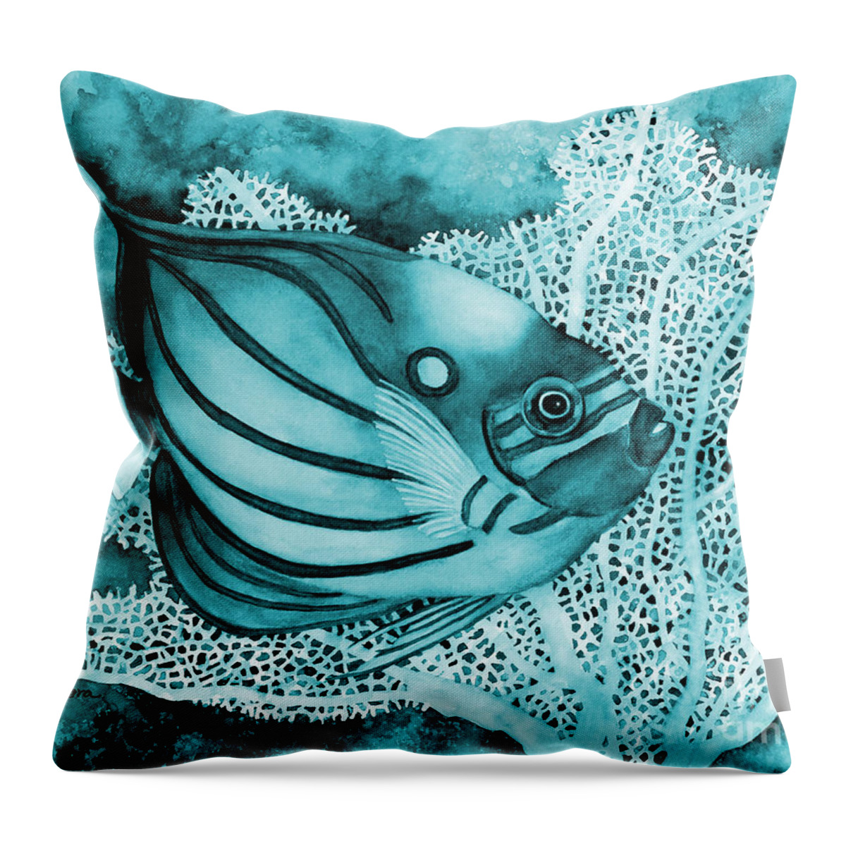 Fish Throw Pillow featuring the painting Blue Ring Angelfish in Blue by Hailey E Herrera