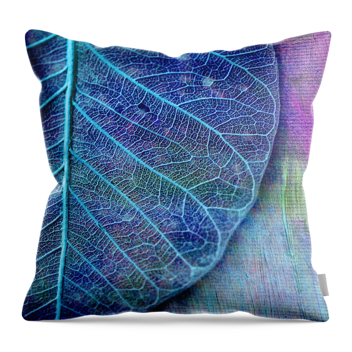 Painted Photo Throw Pillow featuring the painting Blue Skeletal Leaf by Bonnie Bruno