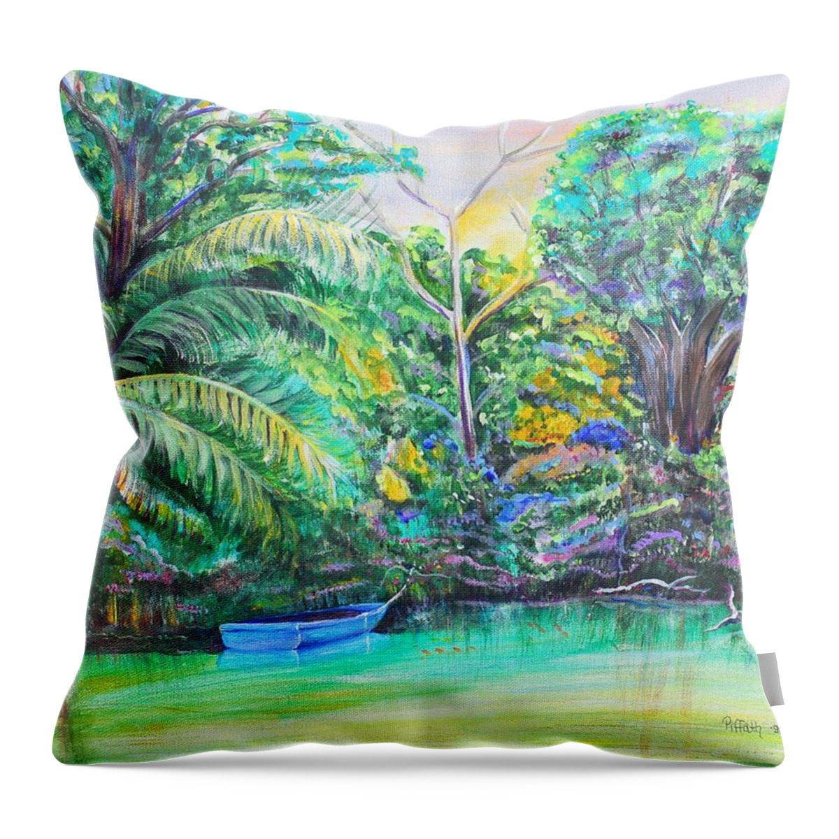 Lagoon Throw Pillow featuring the painting Blue skiff by Patricia Piffath