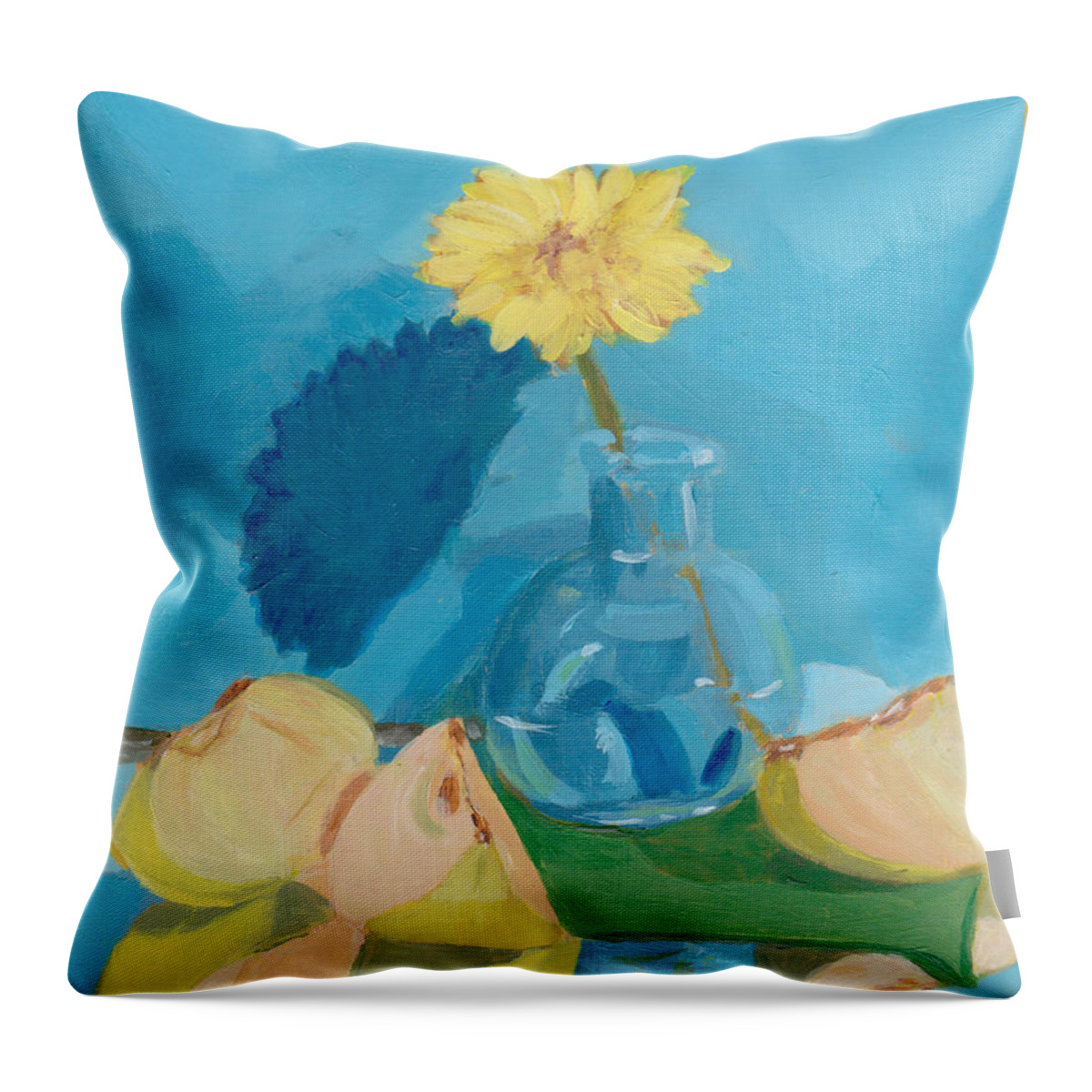 Still Life Throw Pillow featuring the painting Blue Still Life Apple Flower by Patricia Cleasby