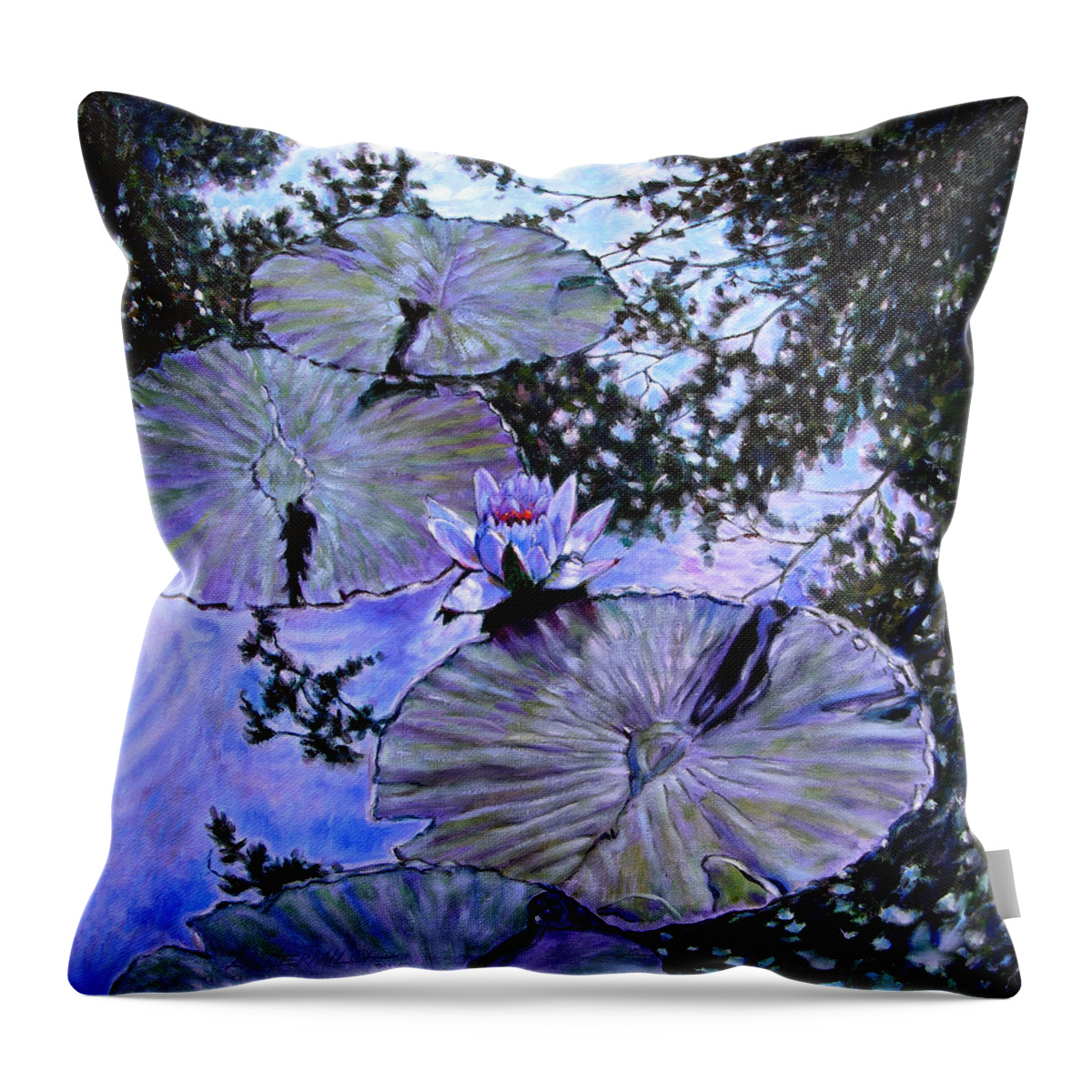 Water Lily Throw Pillow featuring the painting Blue Stillness by John Lautermilch
