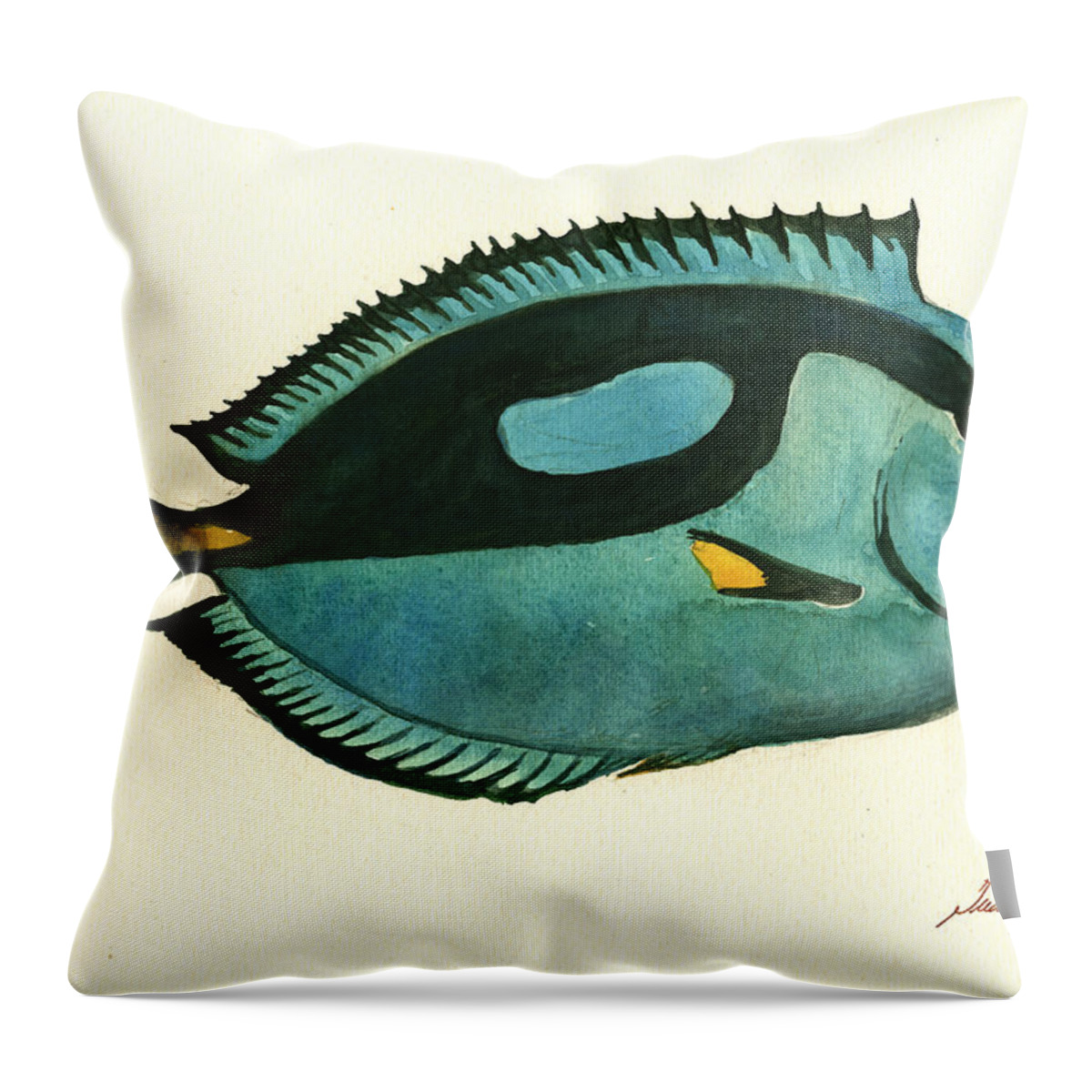 Pacific Blue Tang Throw Pillow featuring the painting Blue Tang fish by Juan Bosco