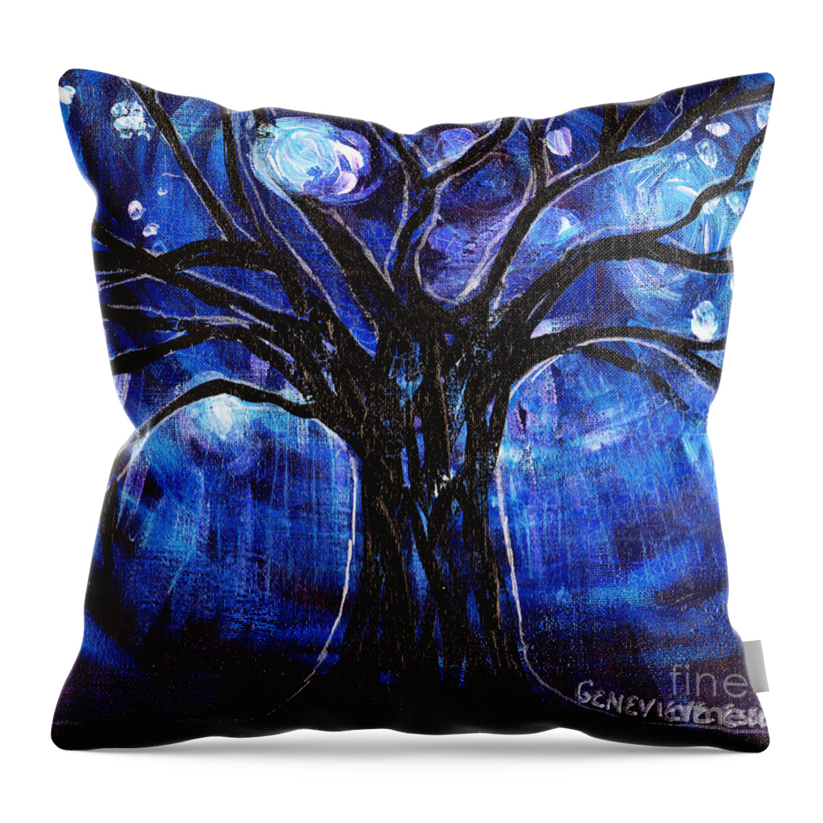 Tree Throw Pillow featuring the painting Blue Tree At Night by Genevieve Esson