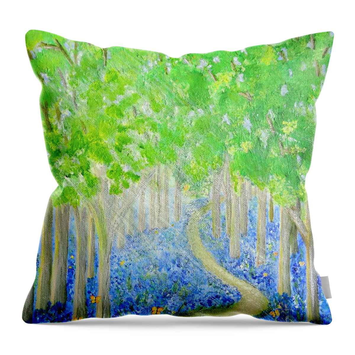Bluebell Throw Pillow featuring the painting Bluebell Wood with Butterflies by Karen Jane Jones