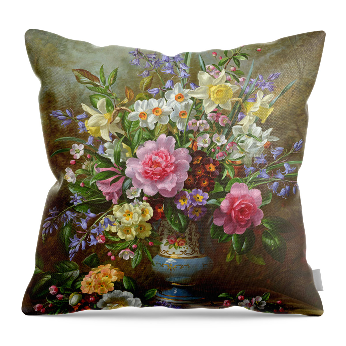 Spring Throw Pillow featuring the painting Bluebells daffodils primroses and peonies in a blue vase by Albert Williams