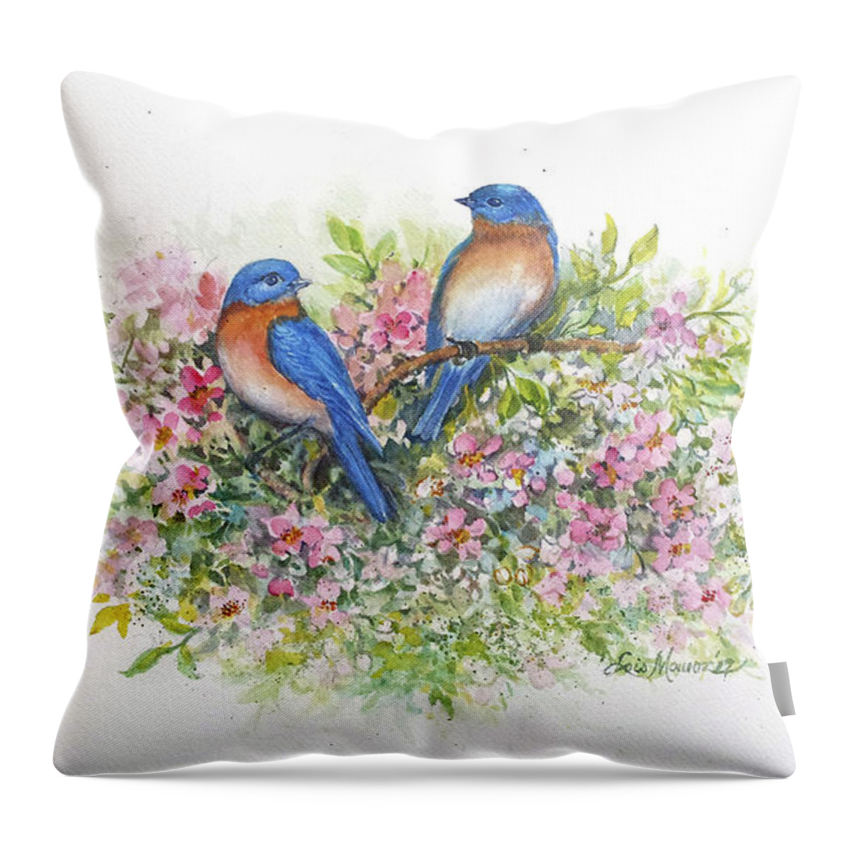 Bluebirds Throw Pillow featuring the painting Bluebirds 'n Blossoms by Lois Mountz