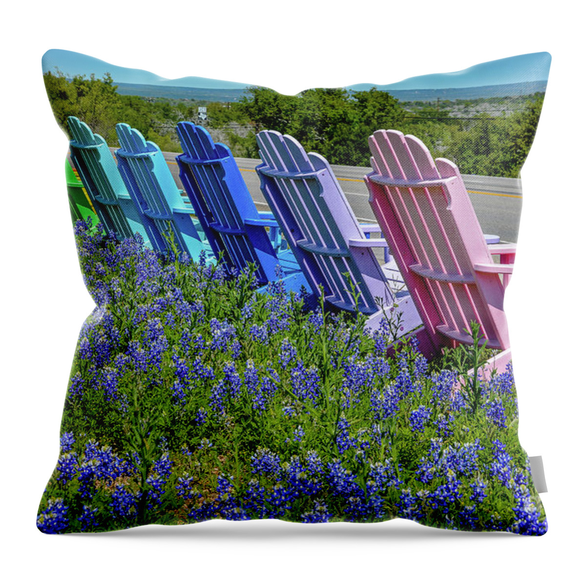 Bluebonnets Throw Pillow featuring the photograph Bluebonnets and chairs by David Meznarich