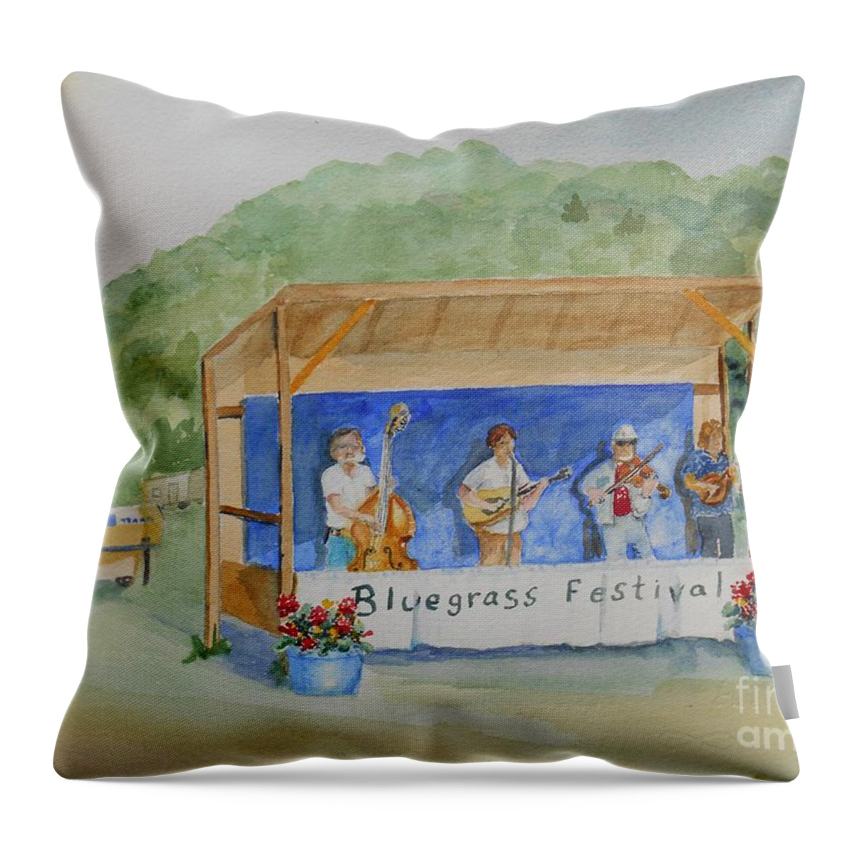 Music Throw Pillow featuring the painting Bluegrass Festival by Christine Lathrop