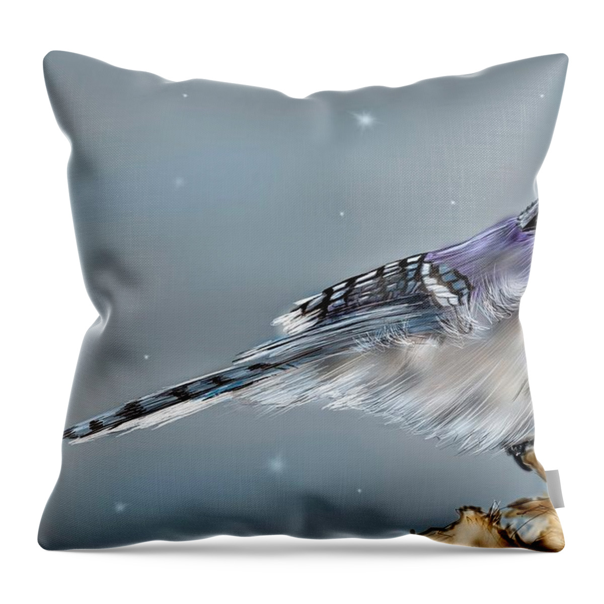 Bird Throw Pillow featuring the digital art Winter Bluejay by Darren Cannell