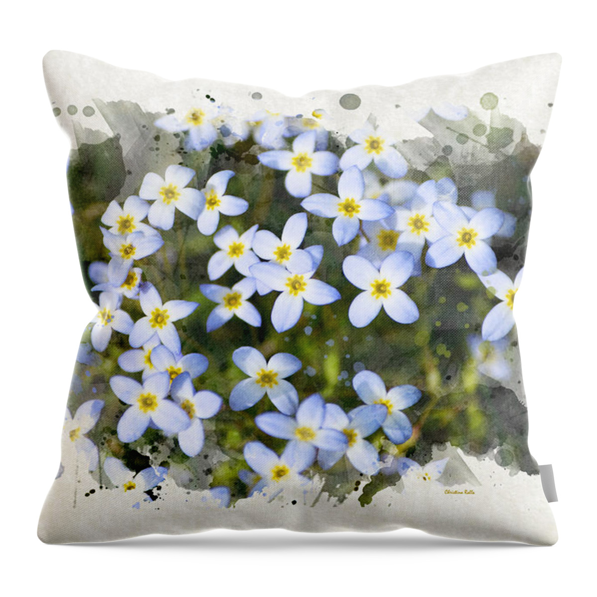 Blue Flowers Throw Pillow featuring the mixed media Bluet Flowers Watercolor Art by Christina Rollo