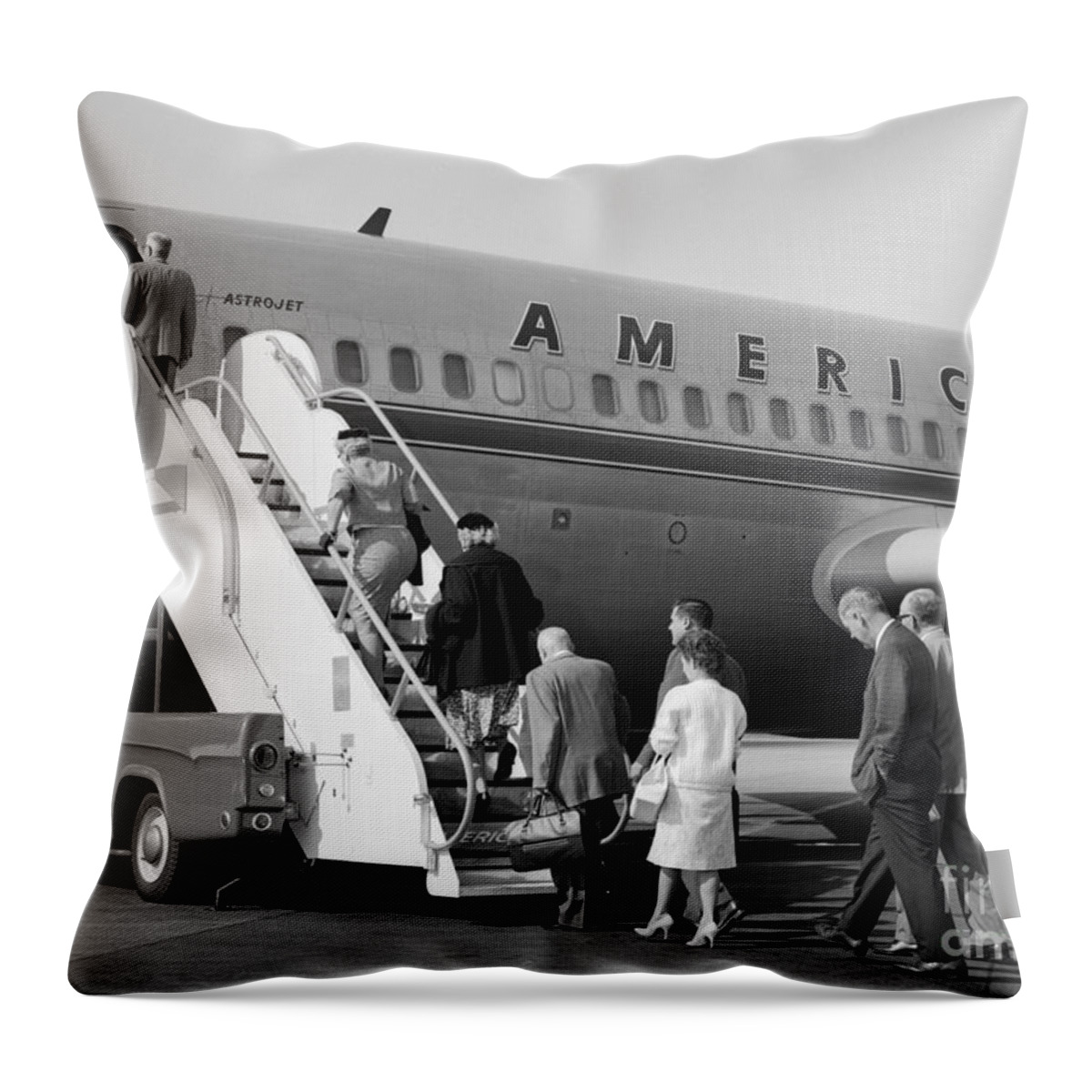 1960s Throw Pillow featuring the photograph Boarding American Airlines by H. Armstrong Roberts/ClassicStock