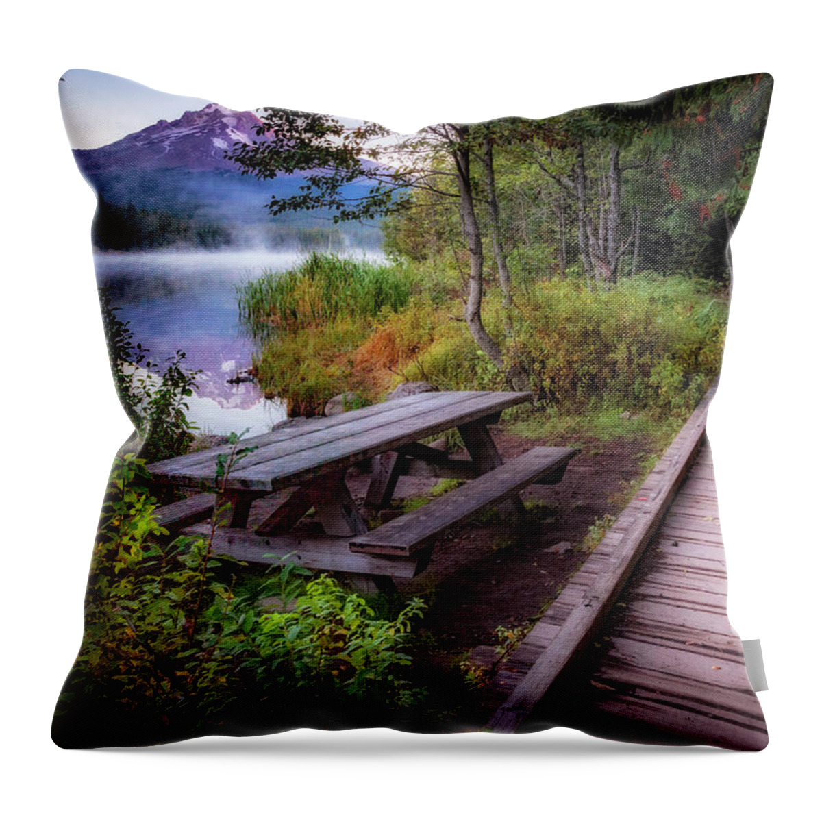 Fall Throw Pillow featuring the photograph Boardwalk at Trillium Lake by Cat Connor