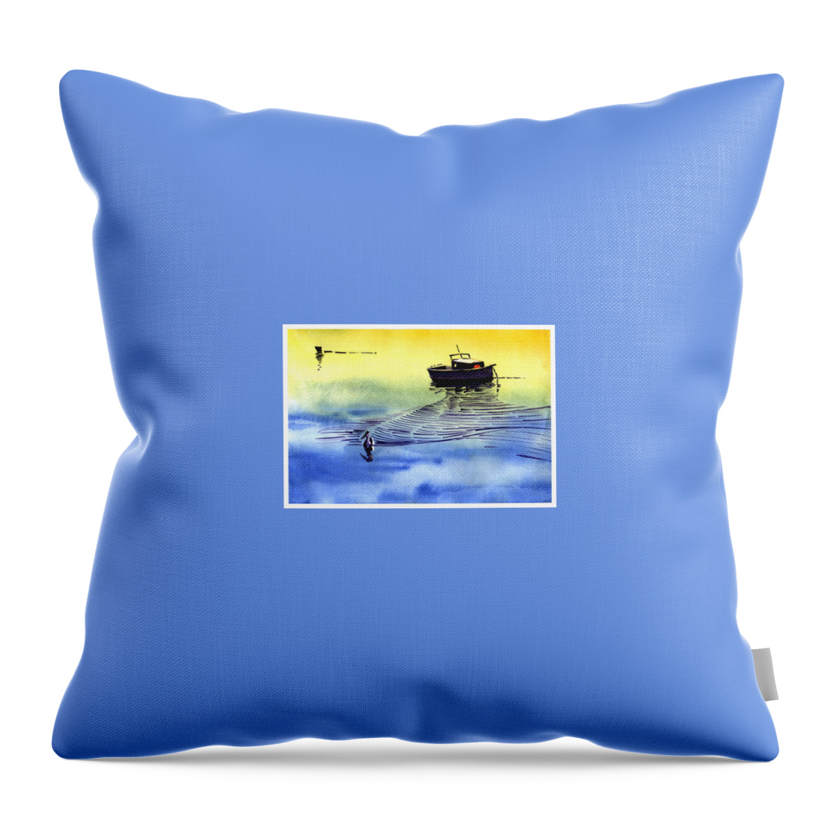 Watercolor Throw Pillow featuring the painting Boat and the seagull by Anil Nene