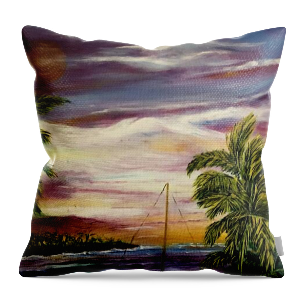 Blue Moon Throw Pillow featuring the painting Anchored at Sunset Lagoon by Michael Silbaugh