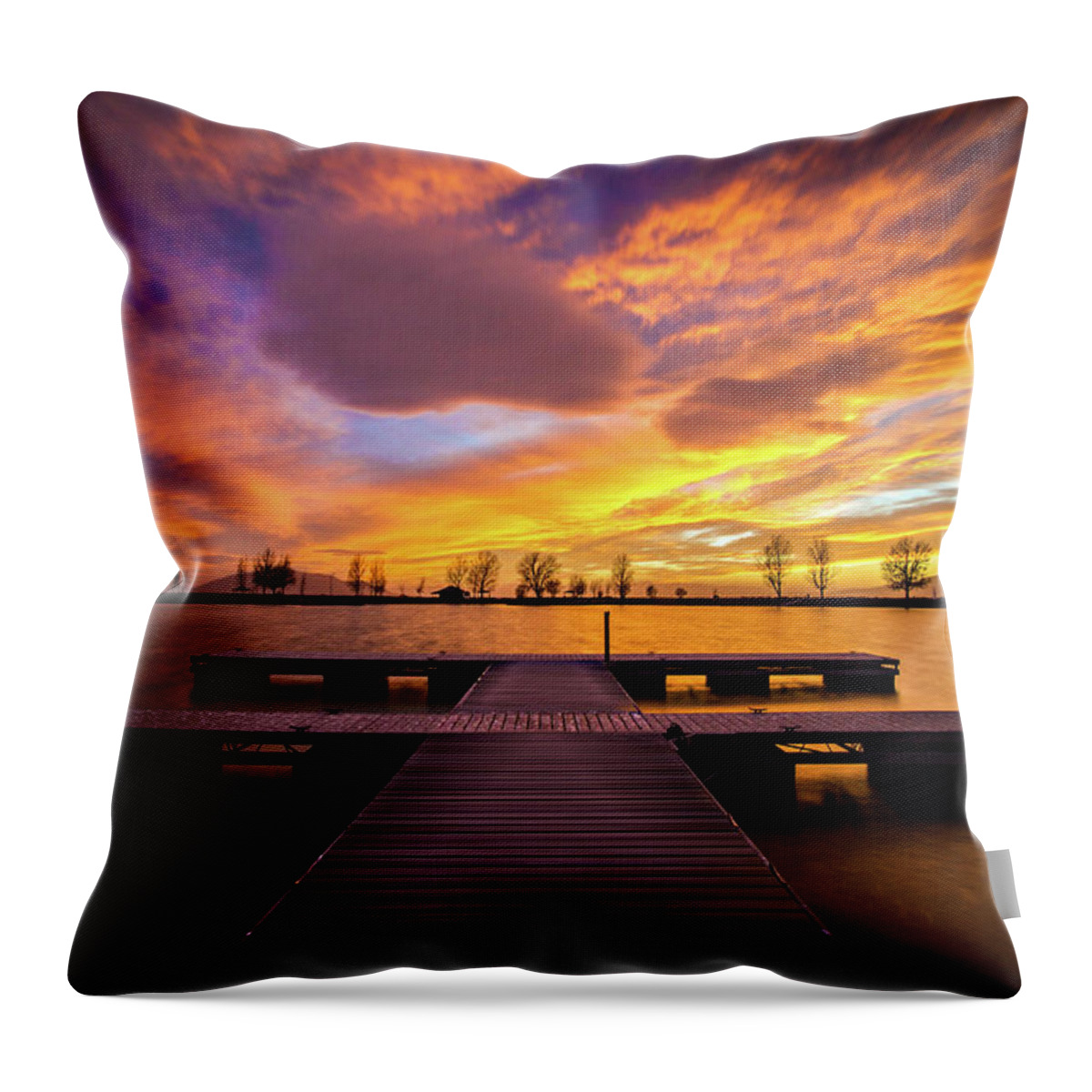 Sunset Throw Pillow featuring the photograph Boat Dock Sunset by Wesley Aston